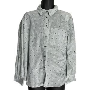 Tapestry Top XL Green White Floral Striped Button Up Long Sleeve Dainty Cottage